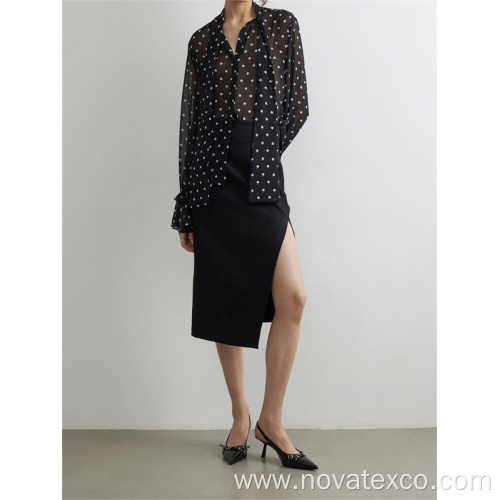 Black Polka Dot Lace Up Crepe Shirt